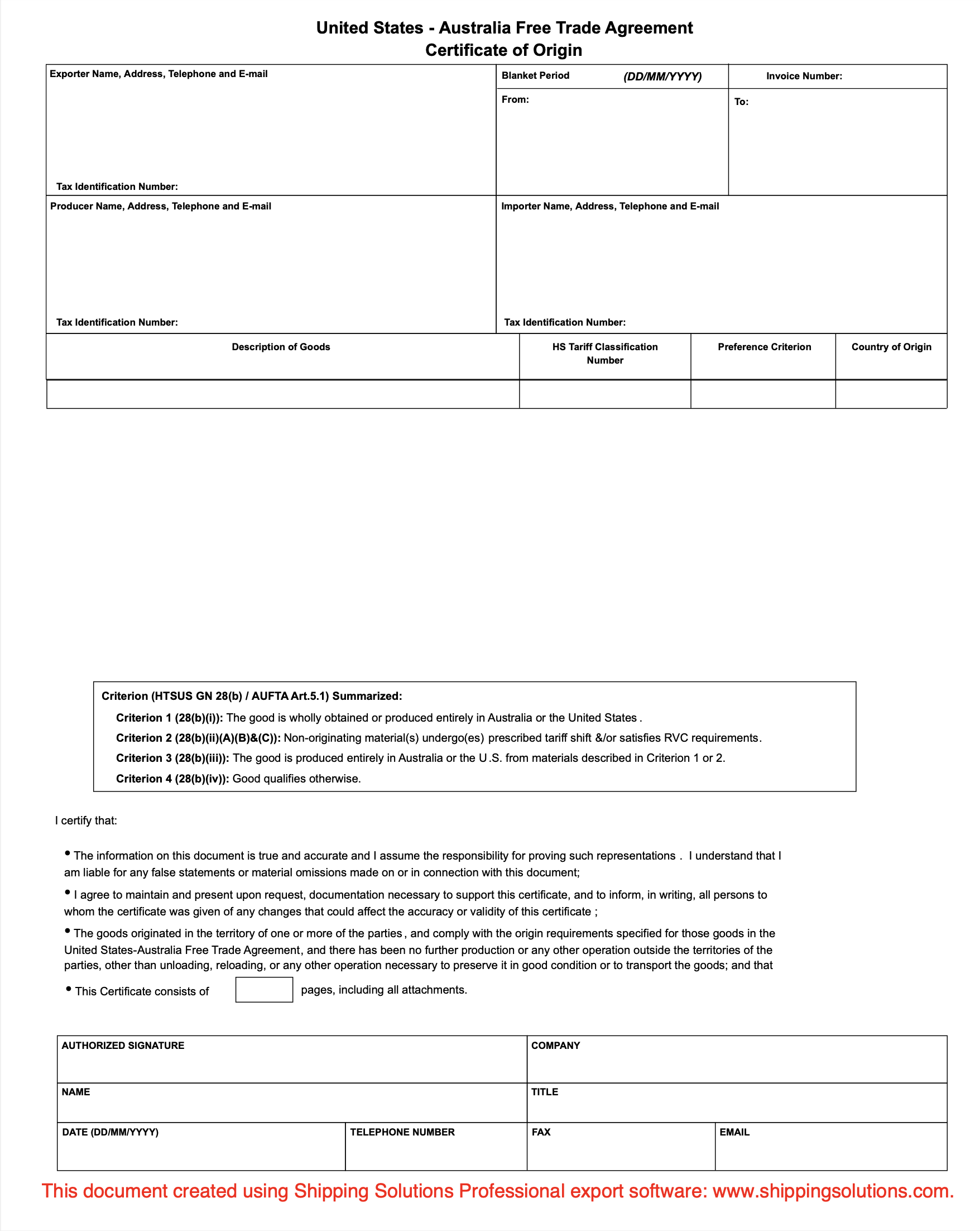 U.S. -Australia Certificate of Origin